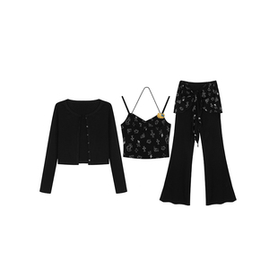 安妮不火黑猫烙腰线针织吊带微喇裤套装女夏季微胖大码显瘦三件套