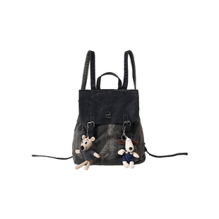 rebirth野生设定双肩废土通勤复古牛仔包真皮书包大容量拼接流浪