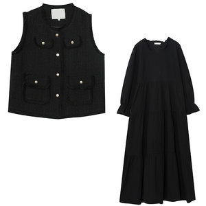 300斤法式减龄风胖莹莹大码女装胖mm秋冬小香马甲蛋糕连衣裙套装