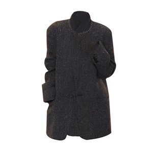 羊毛混纺毛呢厚实保暖廓形正肩西装外套小香风中长款毛呢外套加厚