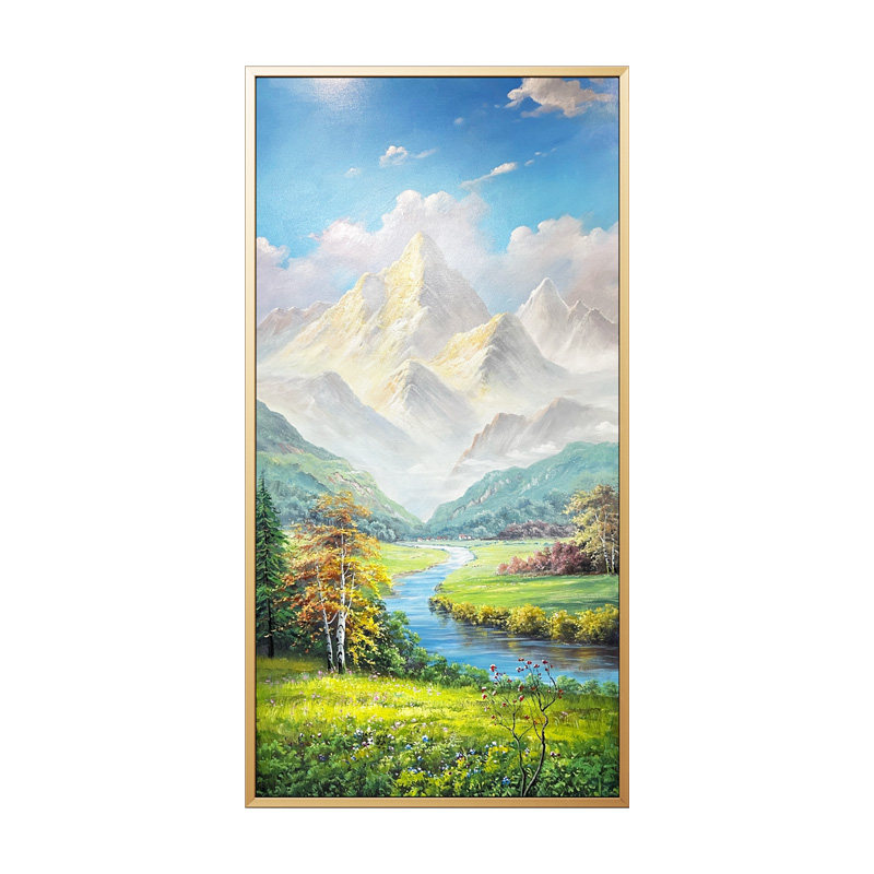 现代轻奢玄关装饰画纯手绘山水风景油画入户过道大尺寸高级感壁画