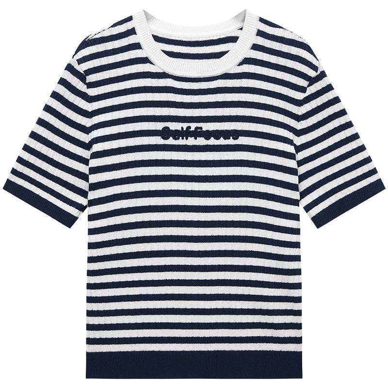 【新品】OCHIRLY欧时力 撞色条纹短袖针织衫2026夏上衣刺绣空调衫