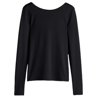 HM女装T恤时尚低露背汤勺领休闲上衣修身内搭长袖打底衫1243657