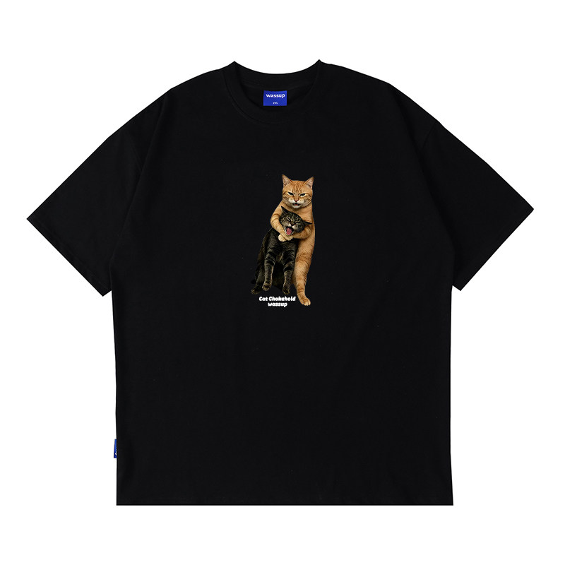 WASSUP锁喉猫印花短袖T恤男女夏