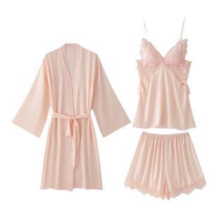 乐姿梦夏季女士吊带短裤睡衣性感冰丝蕾丝三件套装睡裙凉感家居服