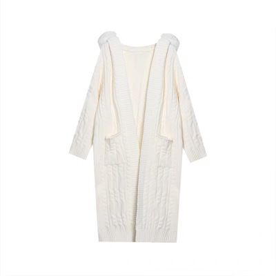 毛领连帽加厚白色毛衣外套女