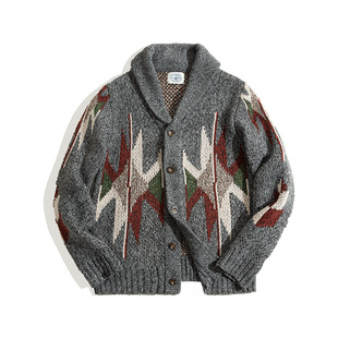 马登工装美式开衫青果领毛衣印第安翻领加厚针织外套纳瓦霍男春