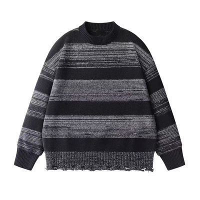 秋冬季日系复古黑色条纹毛衣男女潮流下摆破洞宽松休闲套头针织衫