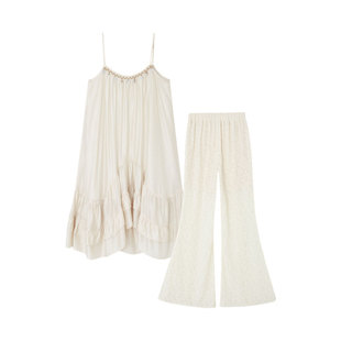 SOMESOWE设计感套装女夏吊带荷叶边上衣提花微喇长裤巨好看两件套