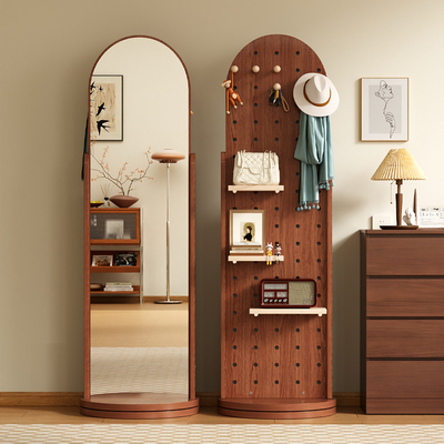 三梦洞洞板穿衣镜旋转全身镜家用衣挂一体镜置物架落地试衣镜子
