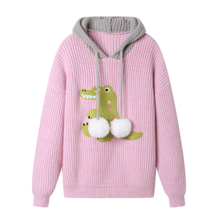 ANDREA MARTIN冬季新款可爱图案连帽拼色毛衣宽松针织衫外套