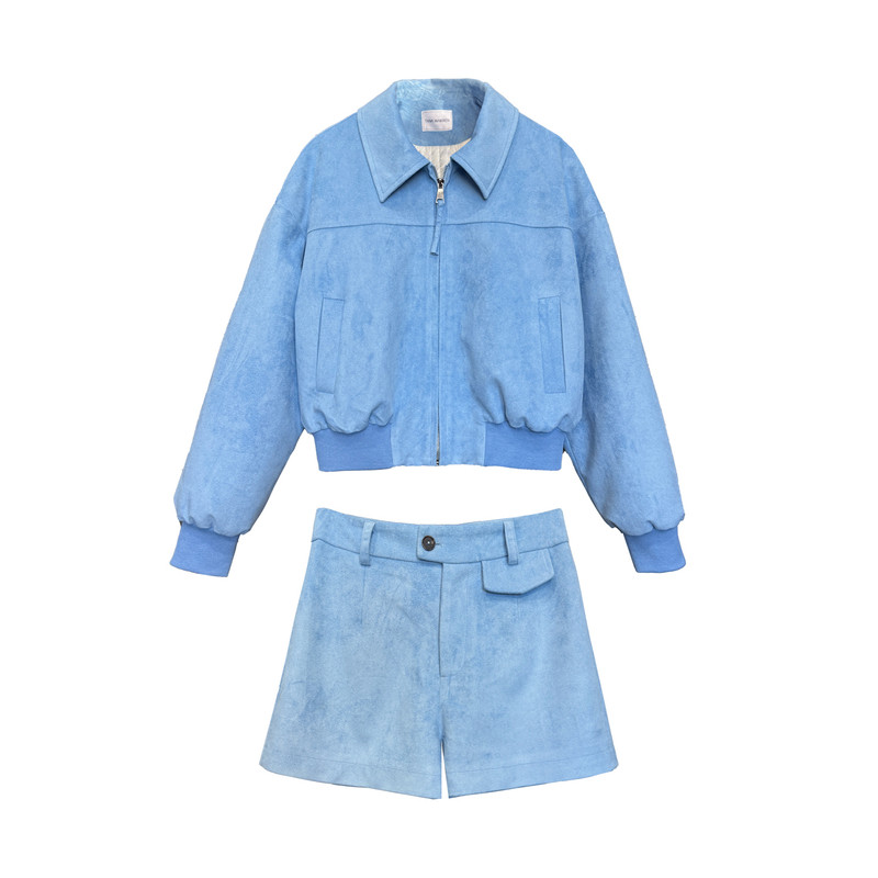 蓝色麂皮保暖棉服夹克短裤套装冬