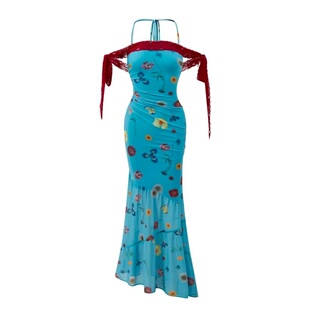 绝美氛围感拼蕾丝无袖性感连衣裙设计感法式度假风收腰碎花长裙女