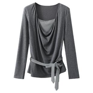 夕蒙2026新款春季韩系打底衫上衣独特绝美小众假两件飘带长袖t恤