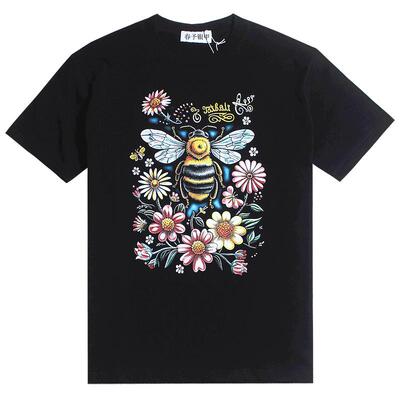 潮牌黑色t恤短袖印花女蜜蜂花朵