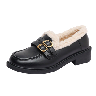 牛皮款~大码女鞋41到43加绒小皮鞋2026新款秋冬毛毛黑棉鞋乐福鞋