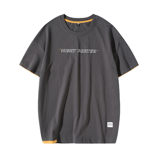 夏季纯棉短袖t恤男宽松潮牌假两件ins半袖大码胖子加肥加大体恤潮