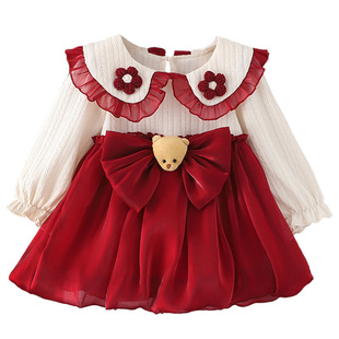 女童连衣裙春秋长袖薄款红色喜庆宝宝一周岁生日礼服裙子公主裙