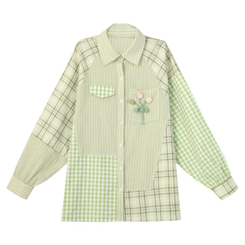 薄荷曼波甜美穿搭长袖格子衬衫女夏季薄款衬衣防晒外套森女部落