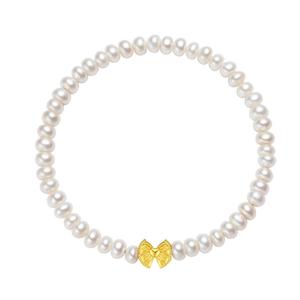 周大生足金手链淡水珍珠手串弹力绳黄金蝴蝶结手饰送女友情人礼物