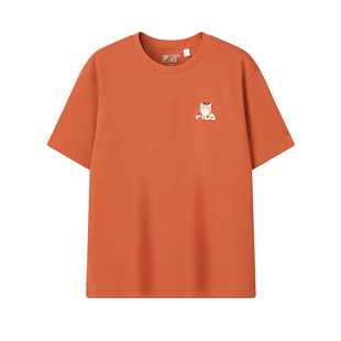FILA斐乐情侣短袖T恤2026夏新男休闲纯棉重磅卡通猫咪刺绣上衣女