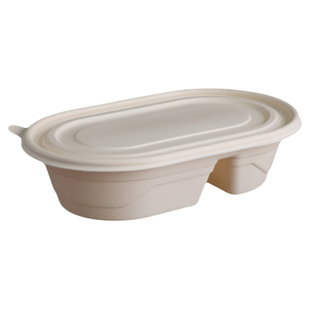 玉米淀粉餐盒环保可降解双格盒分隔加厚快餐便当椭圆形外卖打包盒