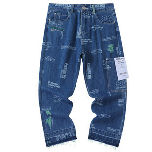 LAMLICKA满印字母直筒破洞牛仔裤男高街潮猫须阔腿裤宽松情侣长裤
