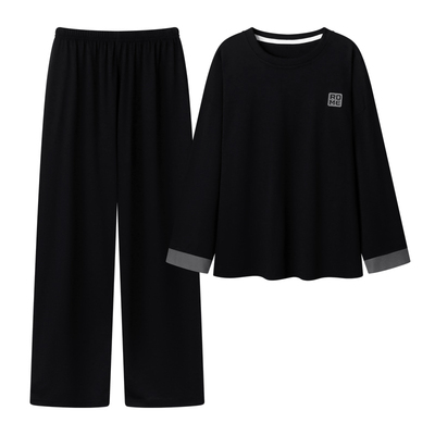 末里末圆领春秋长袖黑色大码睡衣