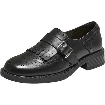 百思图26春牛皮流苏厚底乐福鞋