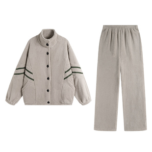 妮狄娅冬季珊瑚绒睡衣女加厚保暖立领男休闲运动可外穿家居服套装