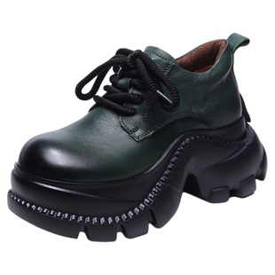 四月倾城秋季新款英伦风真皮女鞋小个子增高厚底系带乐福鞋松糕鞋