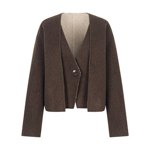 衣香丽影100%羊毛无领大衣女短款2025冬装新款假两件双面呢外套