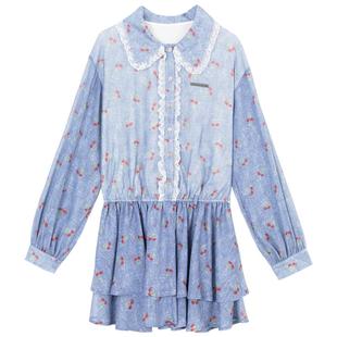 KEIKO 法式轻甜樱桃碎花连衣裙26春季温柔感小个子娃娃领雪纺短裙