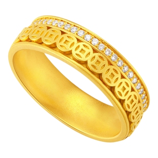 潮宏基臻金弘时来运转黄金戒指钻石古法戒圈铜钱点钻镶嵌情人节