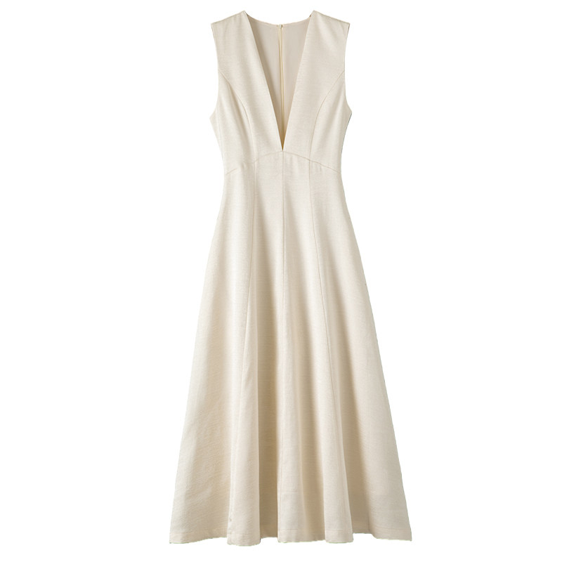 晚白【专享】2026春V领裙子收腰百搭无袖连衣裙