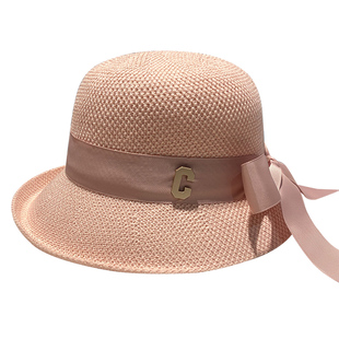 粉色针织渔夫帽女卷边C字母礼帽蝴蝶结盆帽夏季出游海边遮阳帽子