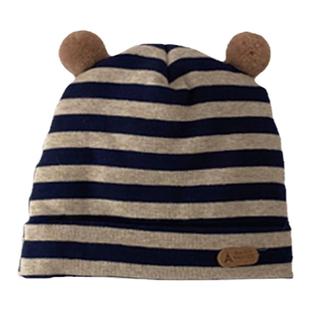 新生儿宝宝套头帽加棉内里条纹洋气0-3个月婴儿秋冬季保暖帽子潮6