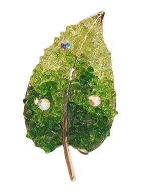 渐变水晶满钻绿色树叶胸针