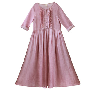 忆旧夏装苎麻连衣裙女长袖2025新款气质紫色长裙圆领宽松显瘦裙子