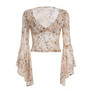 WEEKEEP 复古辣妹植物系印花交叉V领网纱喇叭袖T恤修身收腰短上衣