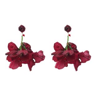 度假风粉色甜美花朵耳环女小众串珠耳钉海边夸张高级感耳夹耳饰品