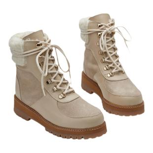 Flattered Linn女士真皮系带马丁靴羊毛绒厚底雪地靴加绒户外靴冬