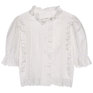 今屿花花 短袖衬衫女夏季上衣2025新款法式绝美白色蕾丝泡泡袖