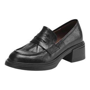 羊皮乐福鞋女单鞋2026年新款复古圆头小皮鞋女粗跟中跟英伦风厚底