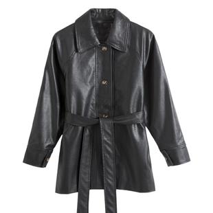 皮衣外套女2025春秋pu皮新款时尚宽松系带中长款机车韩版收腰休闲
