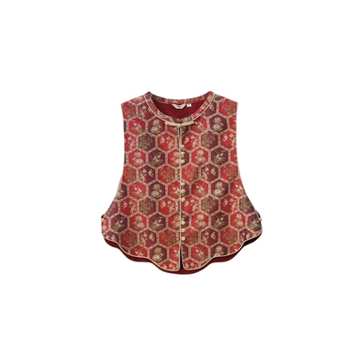 布符新中式朱樱红蜀锦花瓣马甲