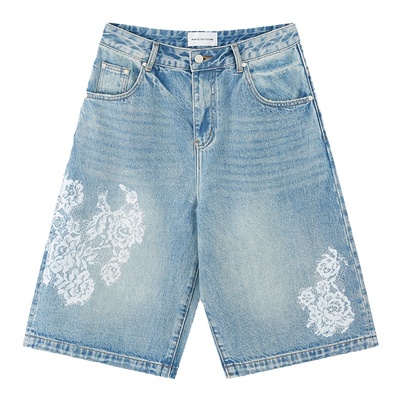 设计感蕾丝印花阔腿牛仔短裤