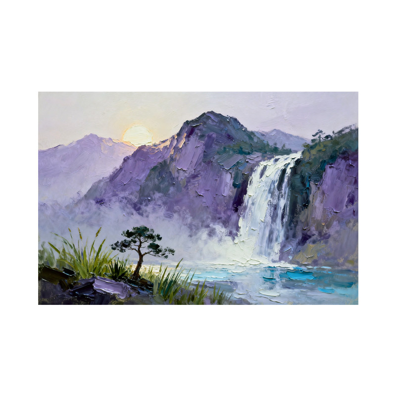 可班纯手绘油画紫气山峦横版壁画