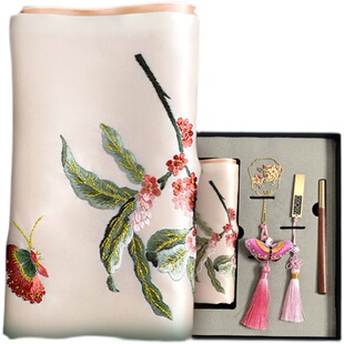 蜀绣真丝丝巾桑蚕丝围巾四件套书签笔U盘套装礼品礼物手工刺绣