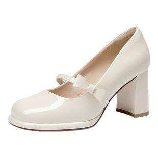 大东浅口高跟单鞋女秋季法式粗跟白色玛丽珍鞋小皮鞋蝴蝶结高跟鞋